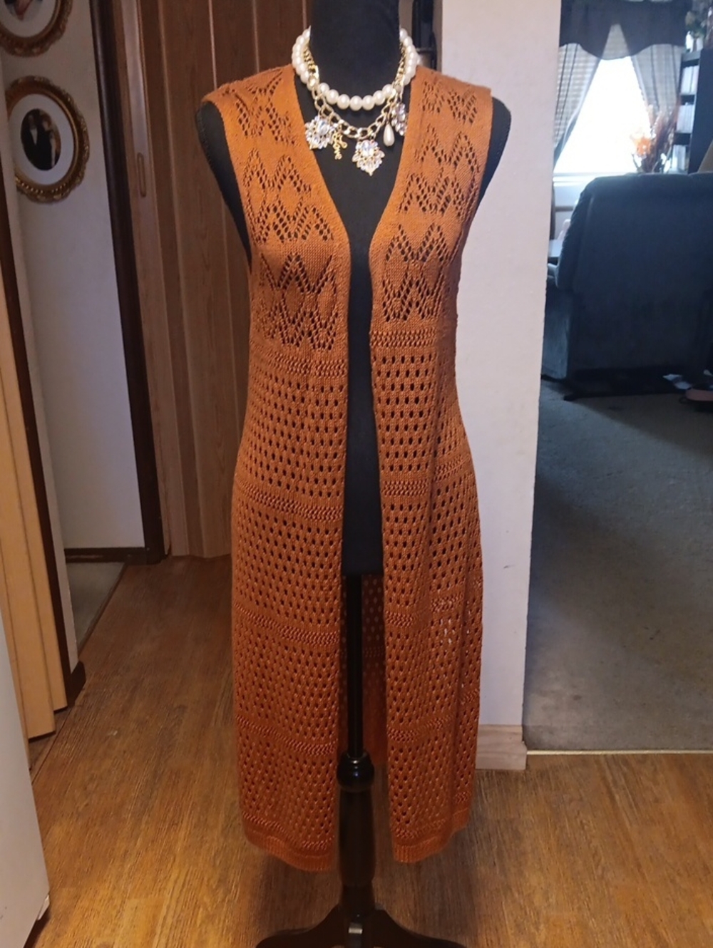 Hooked Up by IOT Rust Open-Knit Long Sleeveless Vest